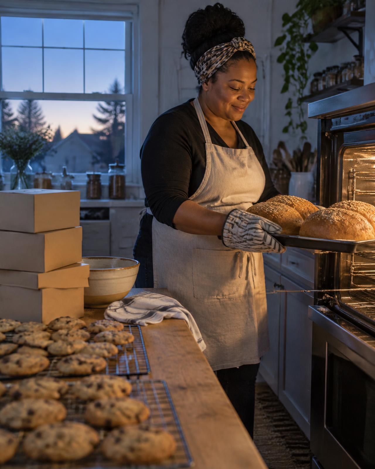 A home baker pulling fresh loaves from the oven at dawn