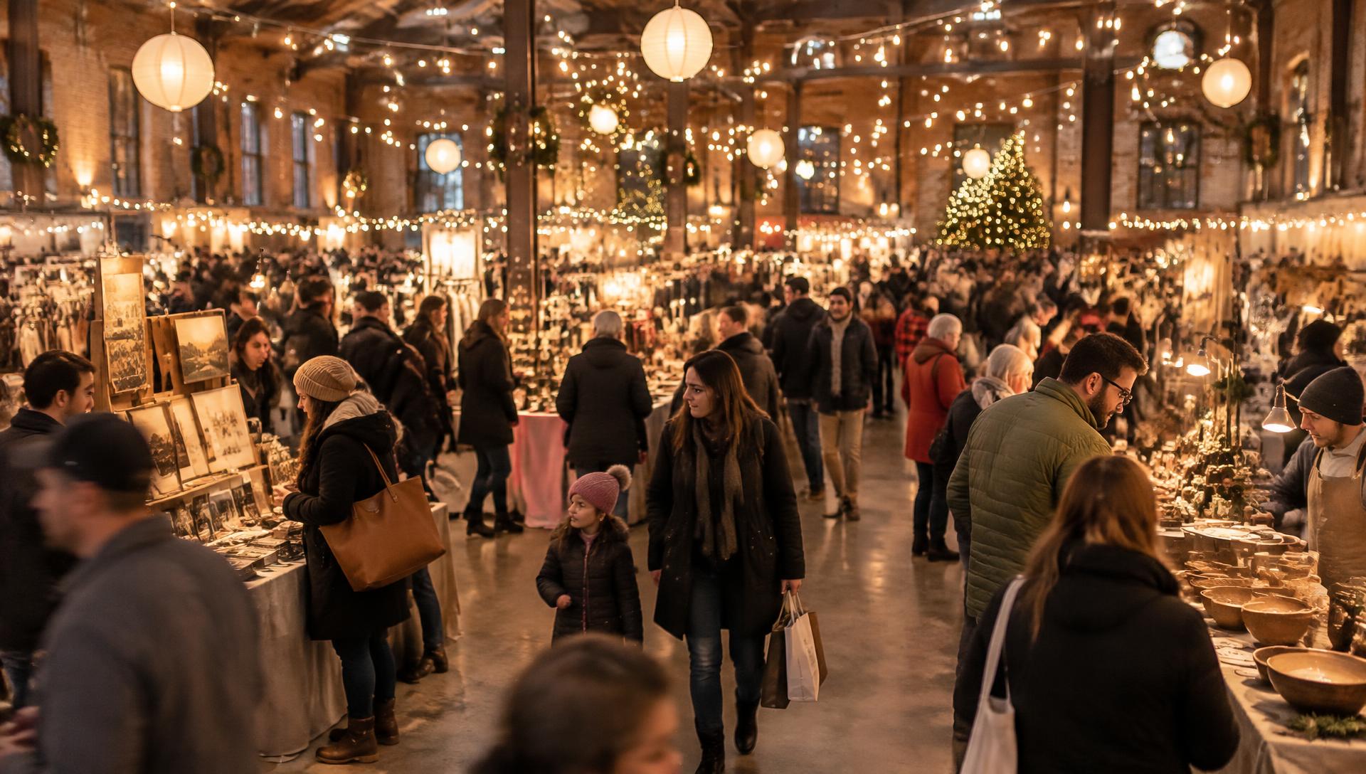 A busy indoor holiday artisan market under warm string lights