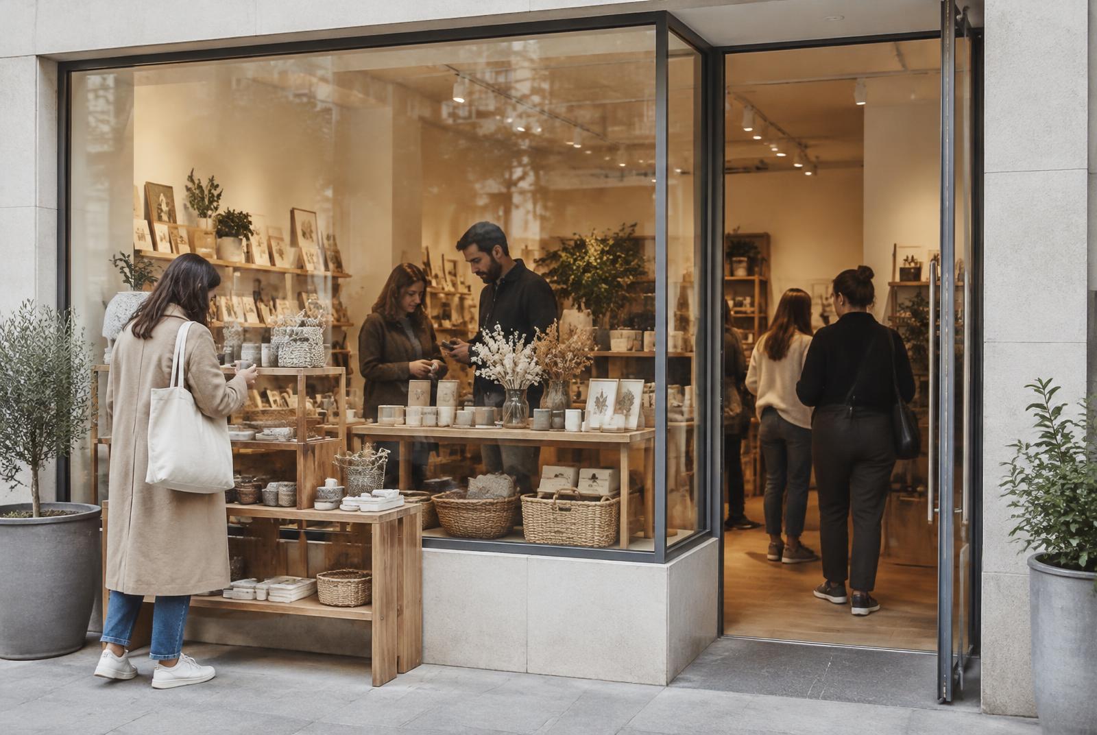 Shoppers browsing handmade goods at a pop-up shop