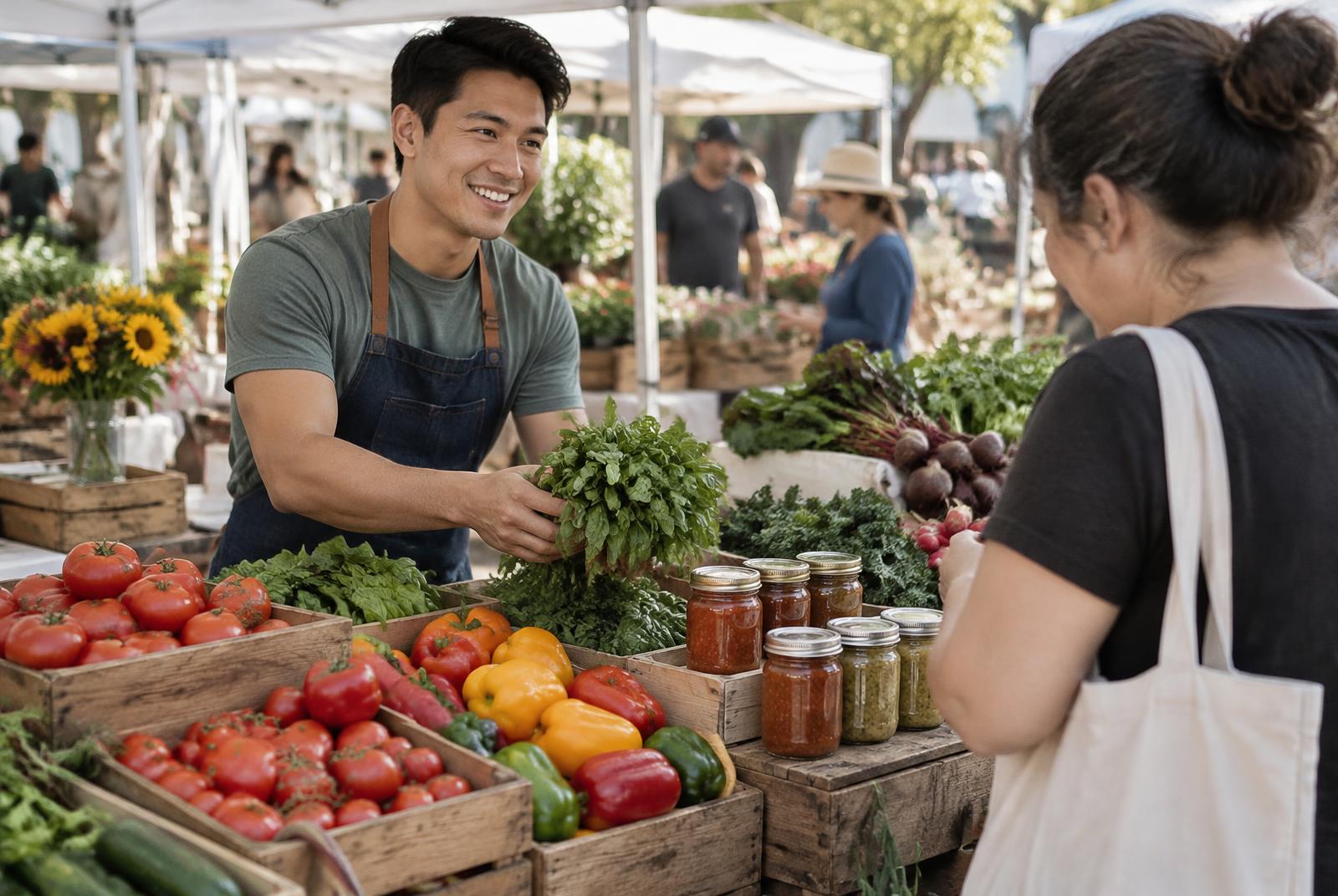 A vendor handing fresh greens to a customer at a farmers market stall